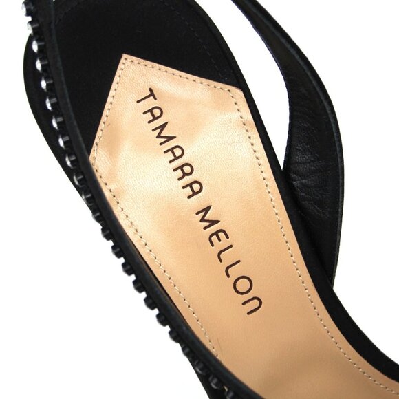Tamara Mellon Room Key 105 Black Satin Crystal Slingback Pointed Heels 41 NEW - Picture 4 of 8